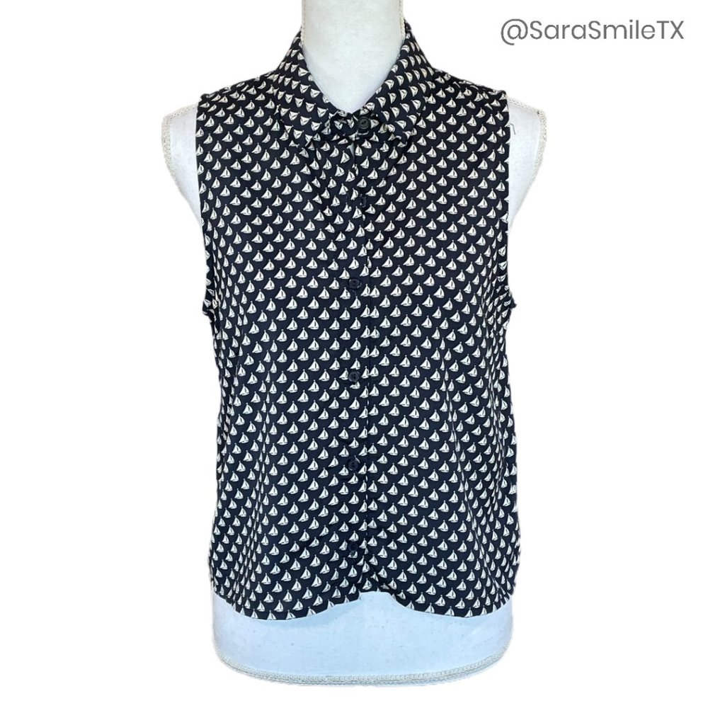 FOREVER 21 Nautical Navy Blue Sailboat Print Sleeveless Button Down Top